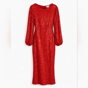 Ivy City Co Red Sequin Midi Dress Size M Long Sleeve Holiday Party
